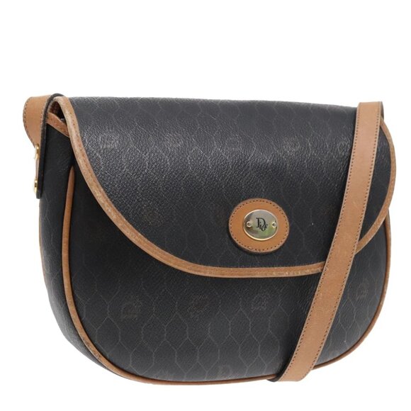 Christian Dior Honeycomb Canvas Shoulder Bag PVC Leather Black Gold Auth 92629 - Picture 1 of 16